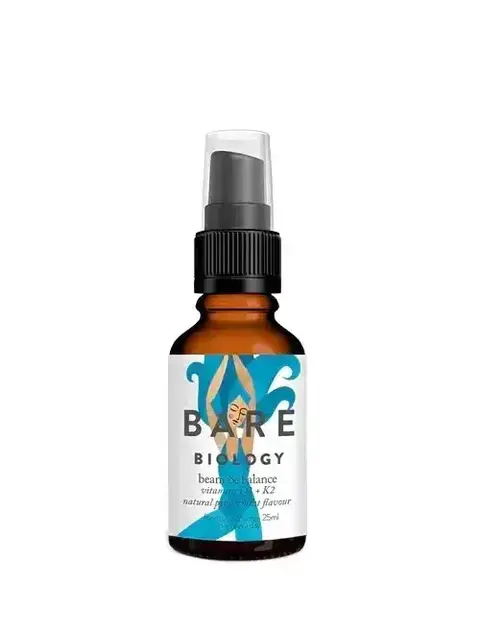 Brown bottle of Bare Biology vitamin D3 and K2, 25ml, with blue design on label.