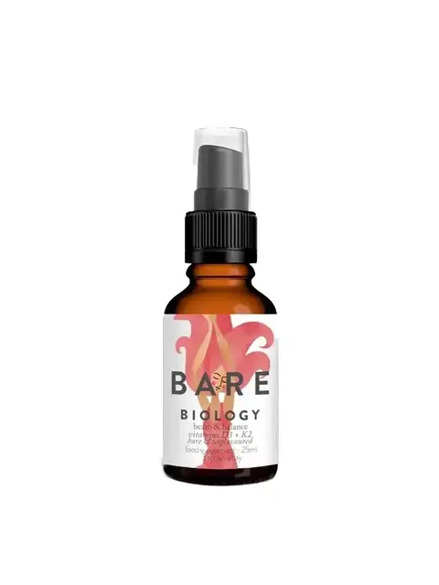 Amber bottle with pump, labelled "Bare Biology Beam & Balance Vitamin D3 + K2, 25ml".