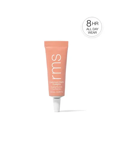 Peach tube of rms Cashmere Matte Eyelights, 8.5 mL, with "8 HR ALL DAY WEAR" badge.