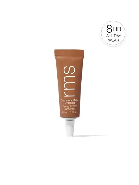 Brown tube of rms Cashmere Matte Eyelights, 8.5 ml, with "8 HR ALL DAY WEAR" text.