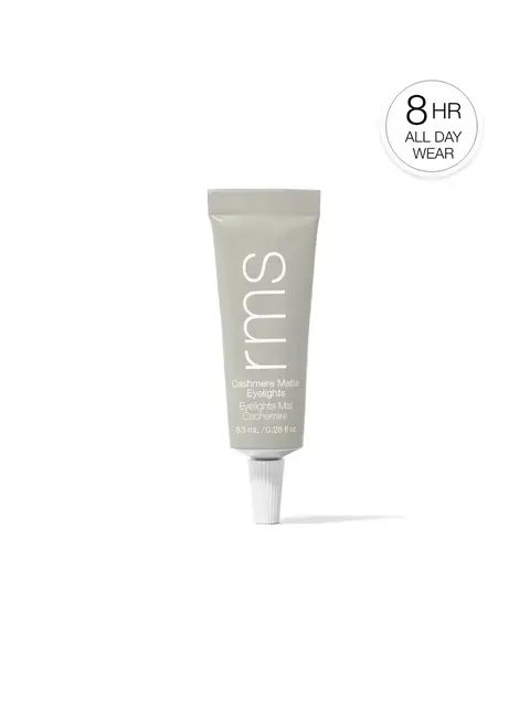 Grey tube of RMS Cashmere Matte Eyelights, 8.5 ml, with 8-hour wear label.