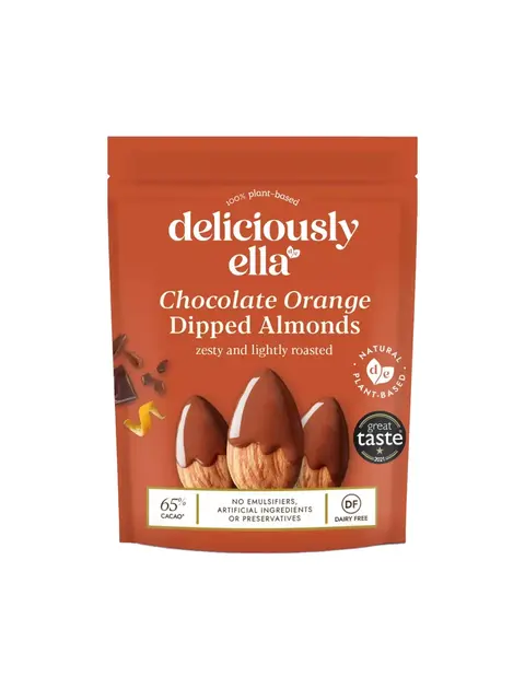 Deliciously Ella Chocolate Orange Dipped Almonds, plant-based, 65% cacao, dairy-free.