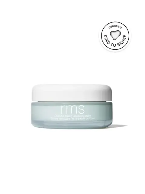 RMS Coconut Clean Cleansing Balm jar with Kind to Biome certification badge.