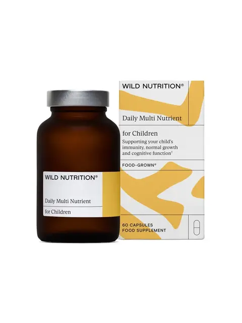 Brown bottle and box of Wild Nutrition Daily Multi Nutrient for Children, 60 capsules.
