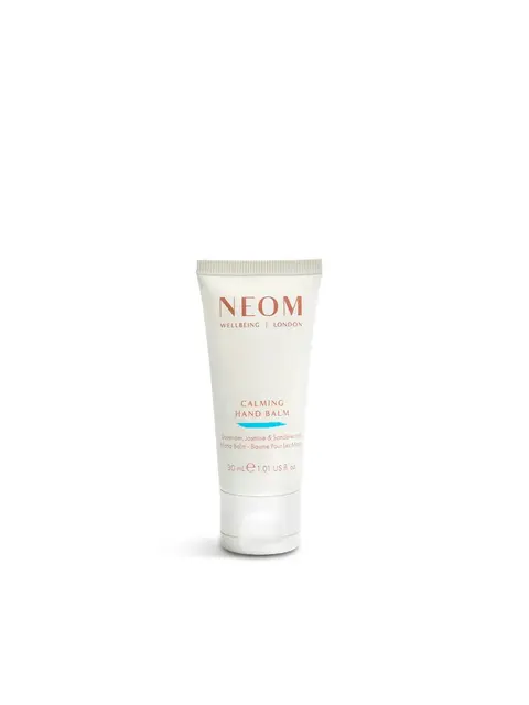 Tube of Neom Calming Hand Balm, 30ml, with lavender, jasmine, and sandalwood.