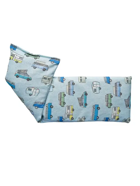 Blue fabric with colourful campervan pattern.