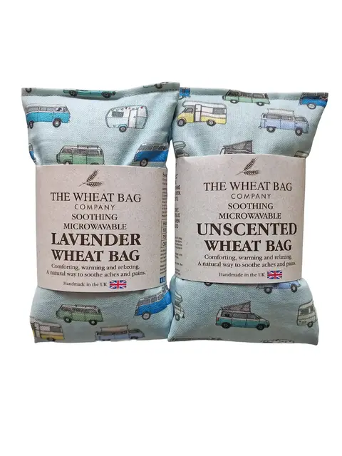 Two wheat bags: lavender and unscented, with campervan pattern, made in the UK.