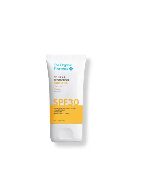 The Organic Pharmacy SPF 30 sunscreen tube, suitable for all skin types.