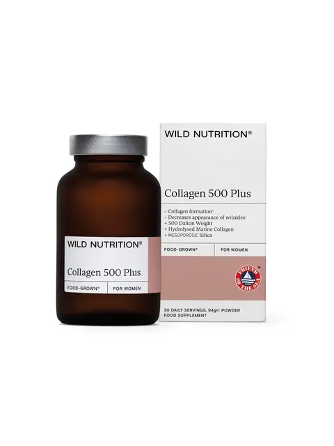 Wild Nutrition Collagen 500 Plus bottle and box, 30 daily servings, food supplement.