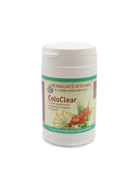 ColoClear supplement bottle with Triphala and Fennel, 90 vegan capsules, 400mg each.