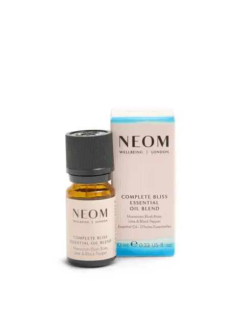 Neom Complete Bliss Essential Oil Blend bottle and box, 10 ml.