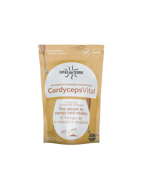 CordycepsVital mushroom powder superfood, 100g pouch, labelled for energy and vitality.