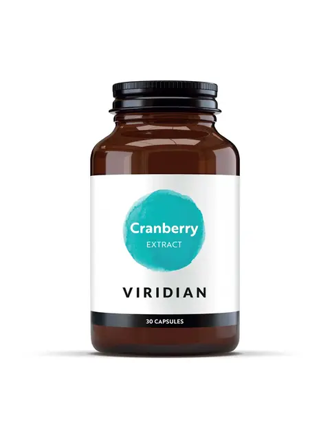 Cranberry Extract capsules by Viridian, 30 count, in a brown bottle with a teal label.