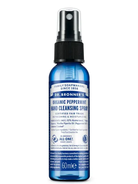 Dr. Bronner's Organic Peppermint Hand Cleansing Spray, 60ml bottle.