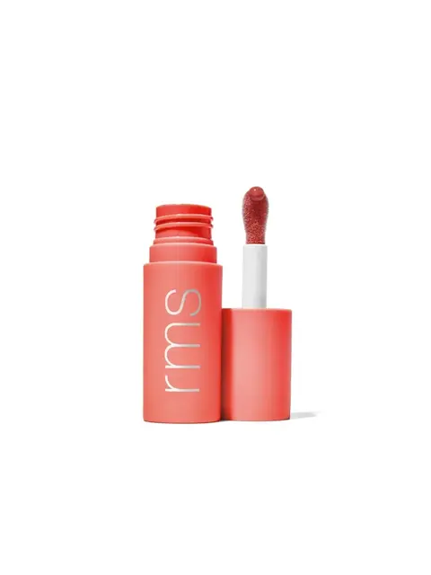 Coral lip gloss tube with "rms" text, open with applicator wand.