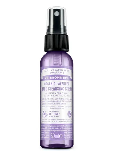 Dr. Bronner's Organic Lavender Hand Cleansing Spray, 60 ml bottle.