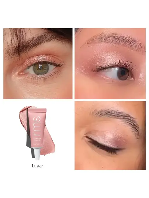 Four eyes with pink eyeshadow and RMS Eyelights tube labelled "Luster".