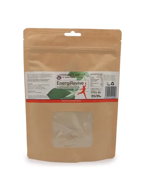Brown packet of EnergiRevive Plant Powder Food Drink, 225g, with visible powder through window.