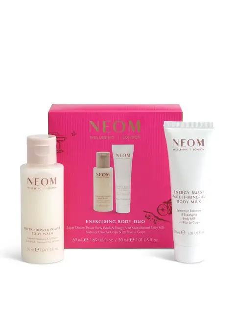 NEOM Wellbeing Energising Body Duo with shower gel and body milk, pink packaging.