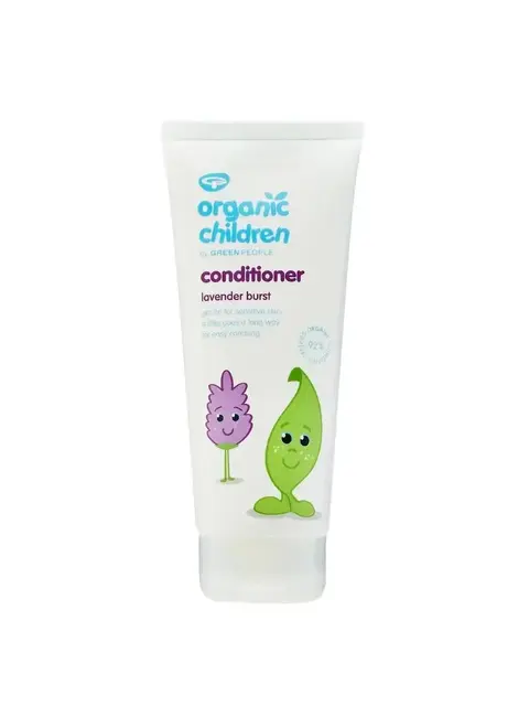 White tube of Organic Children Lavender Burst conditioner with cartoon characters.