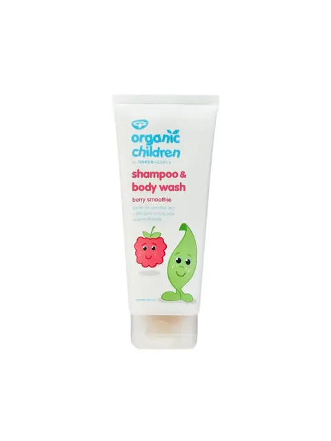 White tube of Organic Children shampoo and body wash, berry smoothie flavour.