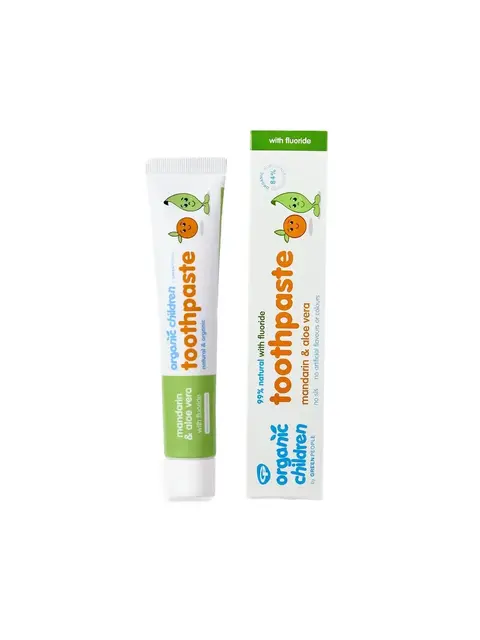 Organic children's toothpaste, mandarin and aloe vera flavour, with fluoride, tube and box shown.