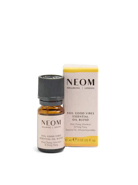 Neom Feel Good Vibes essential oil blend, 10ml bottle with packaging.