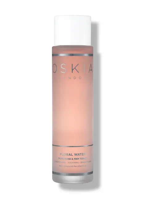 Oskia London Floral Water toner in a clear bottle with white cap.