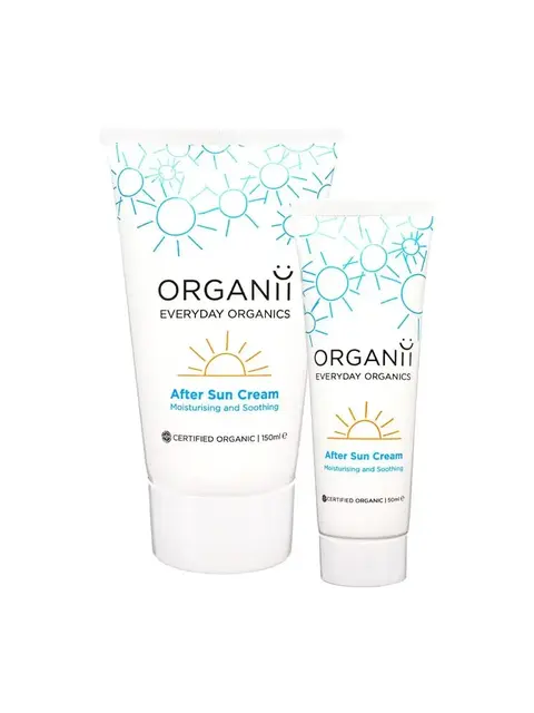 Two tubes of Organii After Sun Cream, 150ml and 50ml, with sun design.