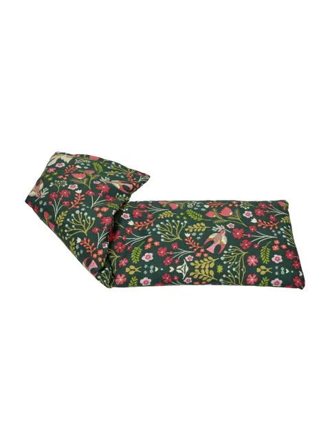 Floral-patterned fabric heat pack with green, pink, and yellow design.