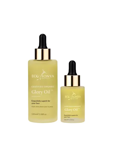 Two bottles of Eco Sonya Glory Oil, 100ml and 30ml, with black droppers.