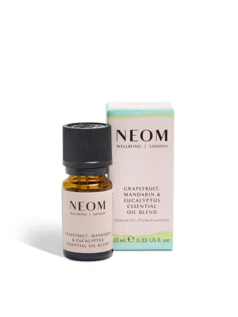 Neom essential oil blend, grapefruit, mandarin, eucalyptus, 10ml bottle and box.