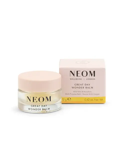 NEOM Great Day Wonder Balm jar and box, 12g, Wild Mint & Mandarin.