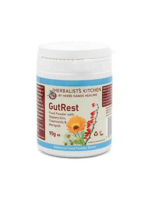 GutRest food powder with slippery elm, chamomile, marigold. Herbalist's Kitchen, 90g container.