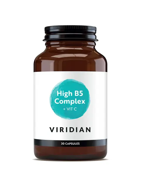 Brown bottle of Viridian High B5 Complex with Vitamin C, 30 capsules.