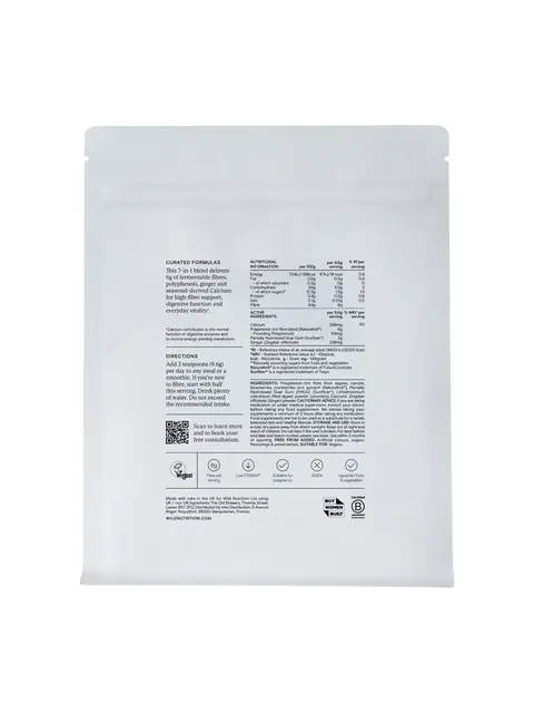 White packaging with nutritional information, directions, and vegan symbol. QR code for consultation.