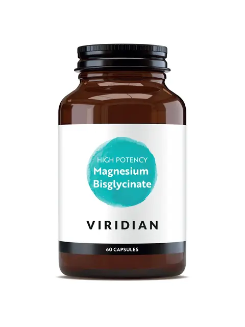 Brown bottle labelled "Viridian High Potency Magnesium Bisglycinate, 60 capsules".