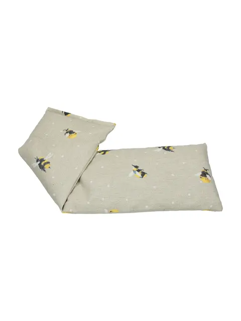 Grey wheat bag with bee pattern and white dots.
