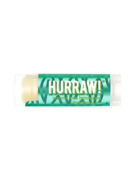 Hurraw! coconut mint lemongrass lip balm, 4.8g tube, green packaging.