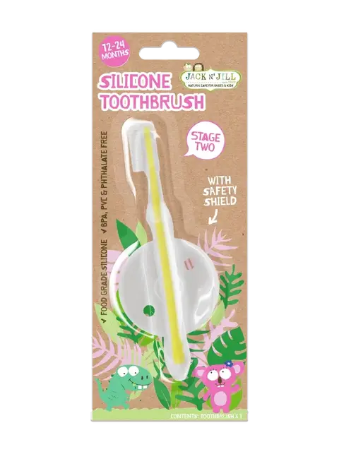 Silicone toothbrush for 12-24 months with safety shield, BPA free, stage two.