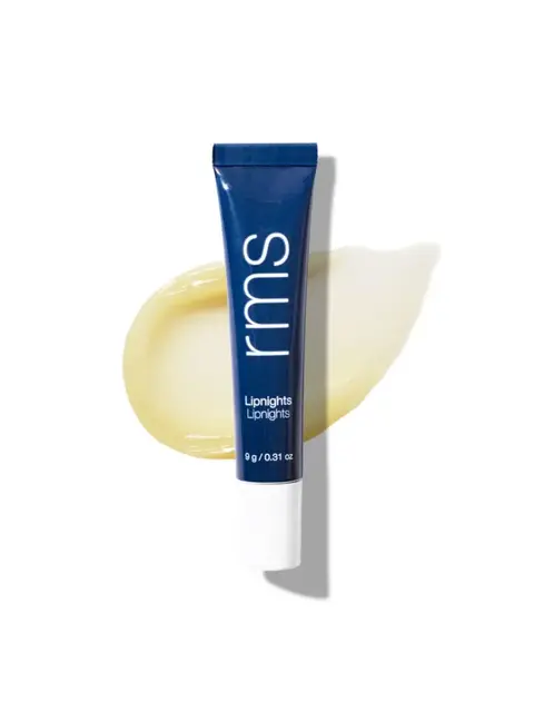 Blue tube of rms Lipnights on a smear of cream, 9g, 0.31 oz.