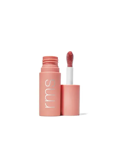 Pink lip gloss tube with "rms" text, open with applicator showing.