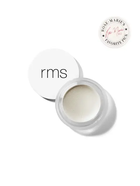 RMS Beauty cream highlighter with open lid. Seal reads "Rose-Marie's Favourite Pick".