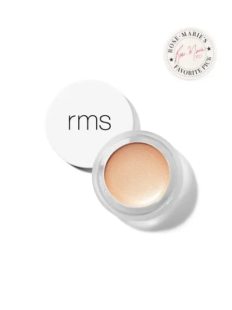 RMS Beauty cream highlighter with white lid and "Rose-Marie's Favourite Pick" badge.