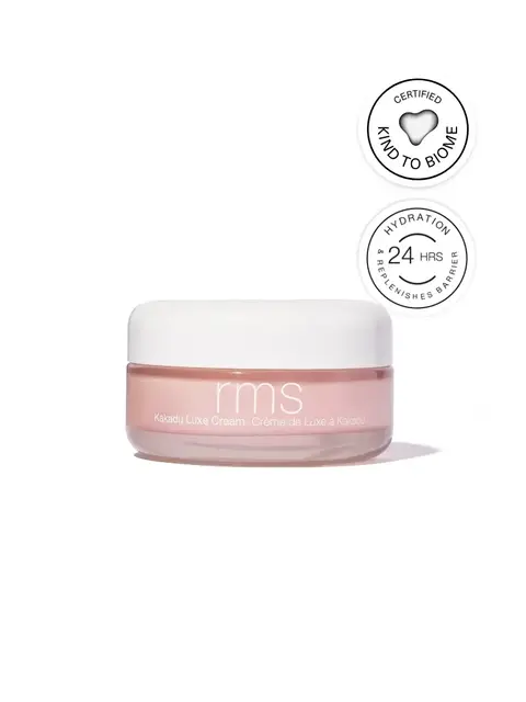 Rms Kakadu Luxe Cream jar with Kind to Biome and 24-hour hydration badges.