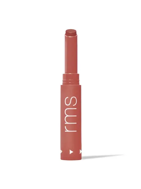 Red lipstick tube with "rms" text, standing upright on a white background.