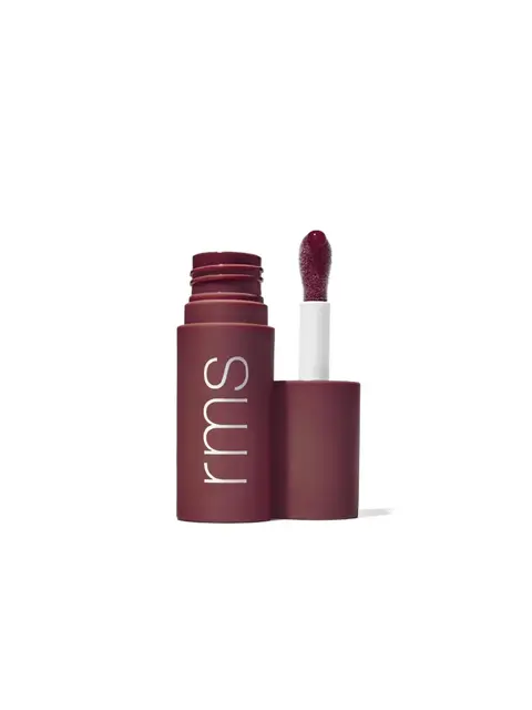 Open maroon lip gloss tube with "rms" text, showing applicator wand.