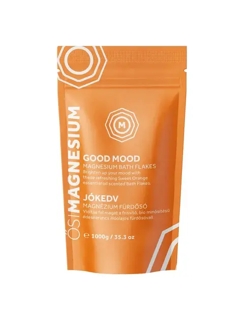 Orange pouch of Good Mood Magnesium Bath Flakes, 1000g, with Sweet Orange scent.