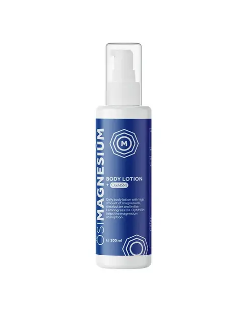 Blue bottle of OSIMAGNESIUM body lotion, 200 ml, with pump dispenser.
