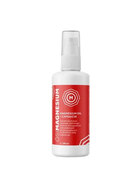 White spray bottle with red label, "Magnesium Oil + Capsaicin", 100 ml.